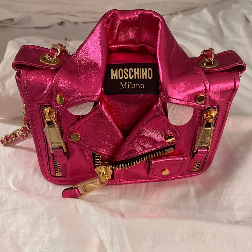 Brand New Moschino Metallic Fuschia Motorcycle shoulder bag